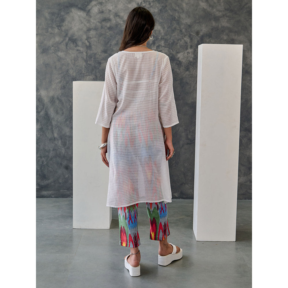 Gulaal Joy White Ikat Print Cotton Kurta Pant with Bralette (Set of 3)