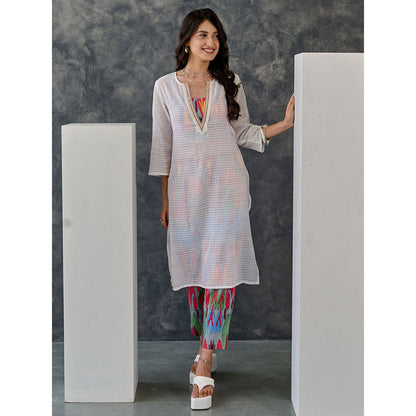 Gulaal Joy White Ikat Print Cotton Kurta Pant (Set of 2)