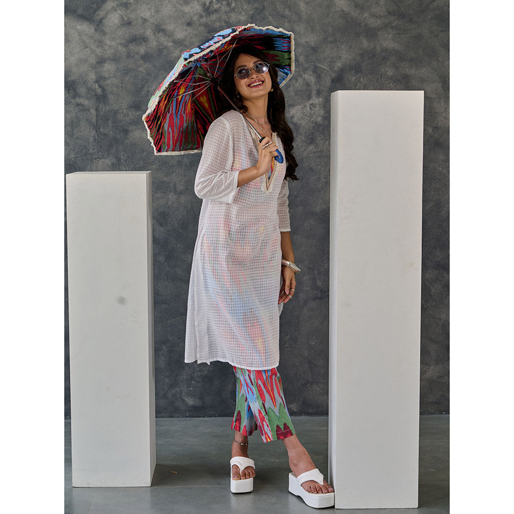 Gulaal Joy White Ikat Print Cotton Kurta Pant (Set of 2)