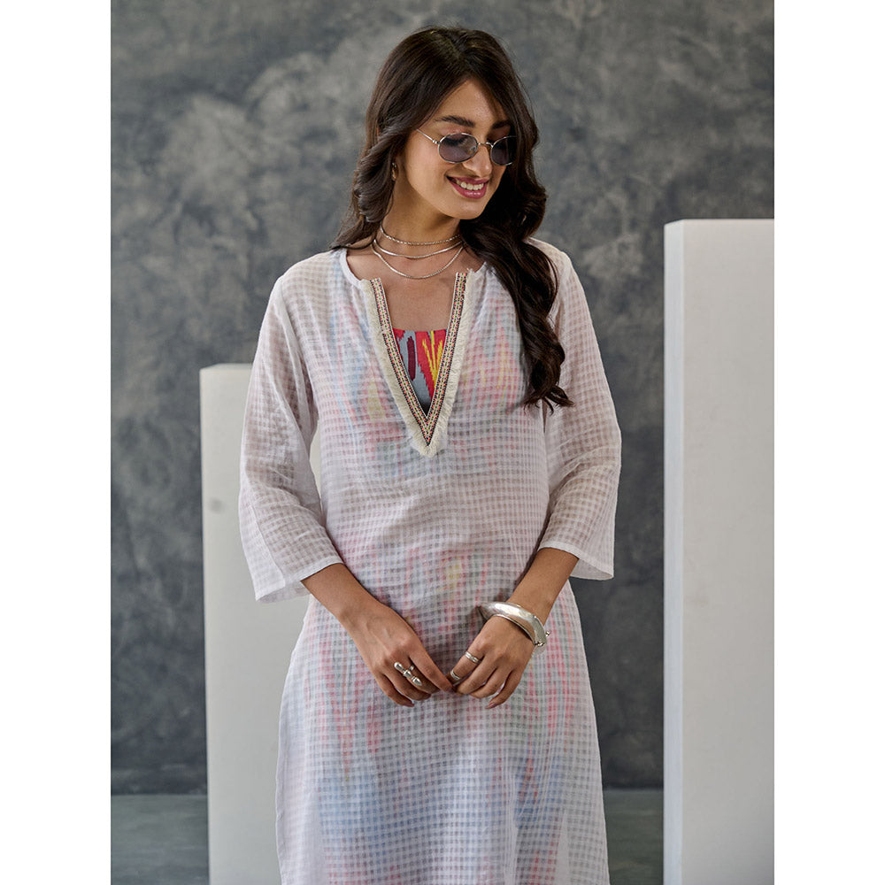 Gulaal Joy White Ikat Print Cotton Kurta Pant (Set of 2)