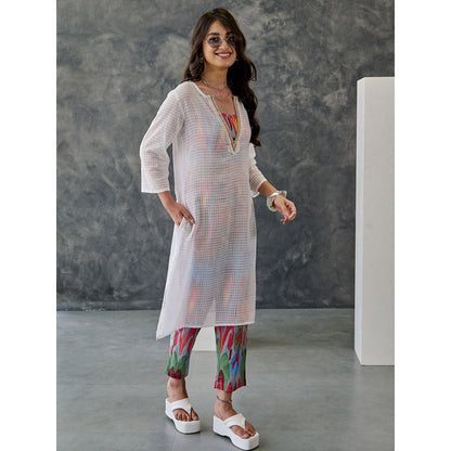 Gulaal Joy White Ikat Print Cotton Kurta Pant (Set of 2)