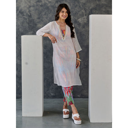 Gulaal Joy White Ikat Print Cotton Kurta Pant (Set of 2)