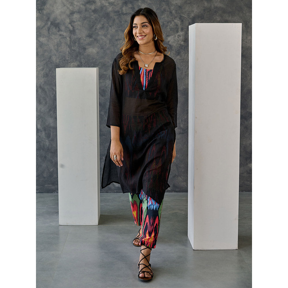 Gulaal Noir Black Ikat Print Cotton Kurta Pant with Bralette (Set of 3)