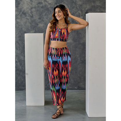 Gulaal Noir Black Ikat Print Cotton Kurta Pant with Bralette (Set of 3)
