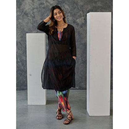 Gulaal Noir Black Ikat Print Cotton Kurta Pant (Set of 2)