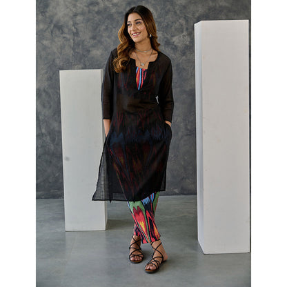 Gulaal Noir Black Ikat Print Cotton Kurta Pant (Set of 2)