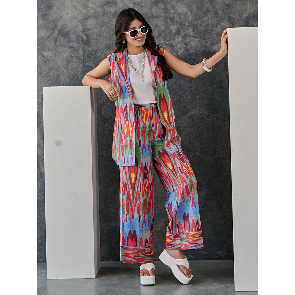 Gulaal Ikat Print Grey Jacket Flared Pant with Tank Top (Set of 3)