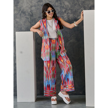 Gulaal Ikat Print Grey Jacket Flared Pant with Tank Top (Set of 3)