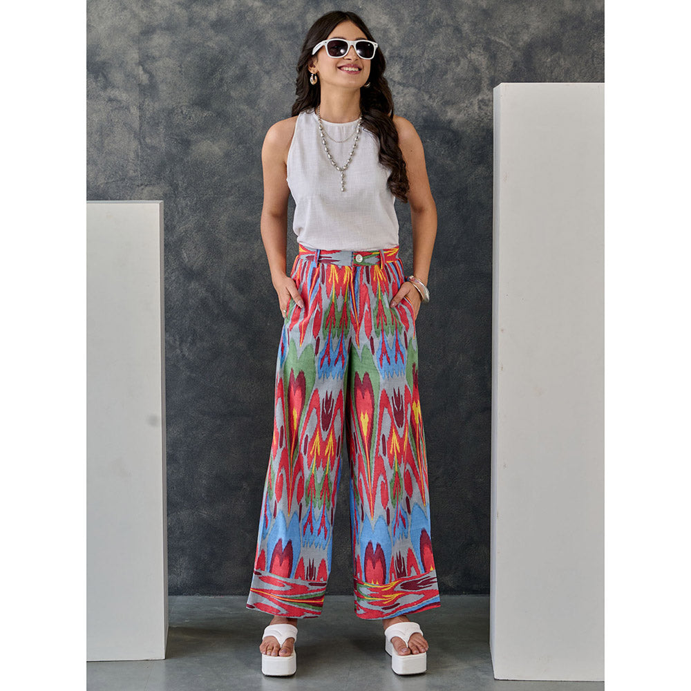 Gulaal Ikat Print Grey Jacket Flared Pant with Tank Top (Set of 3)