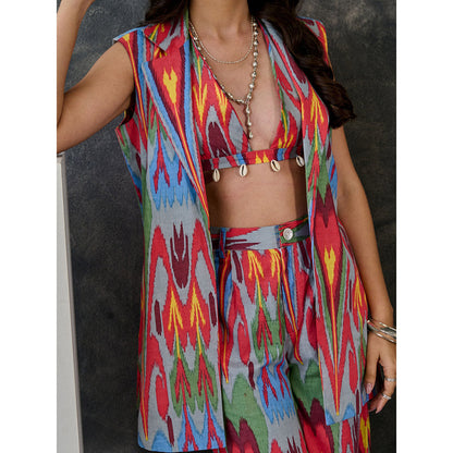 Gulaal Ikat Print Grey Jacket Flared Pant (Set of 2)