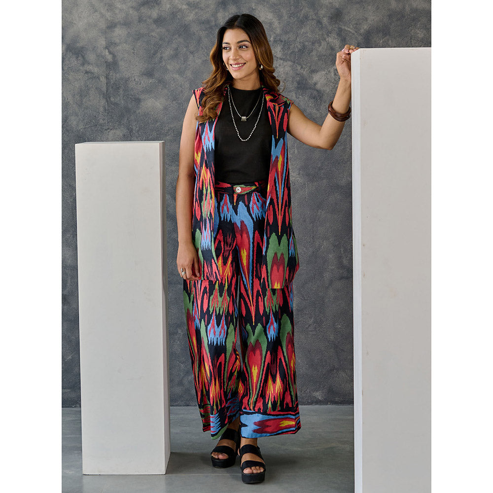 Gulaal Ikat Print Black Jacket Flared Pant with Tank Top (Set of 3)
