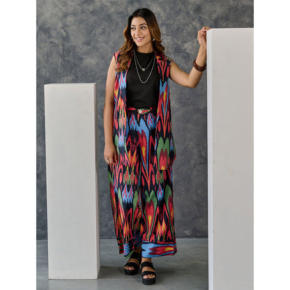 Gulaal Ikat Print Black Jacket Flared Pant with Tank Top (Set of 3)