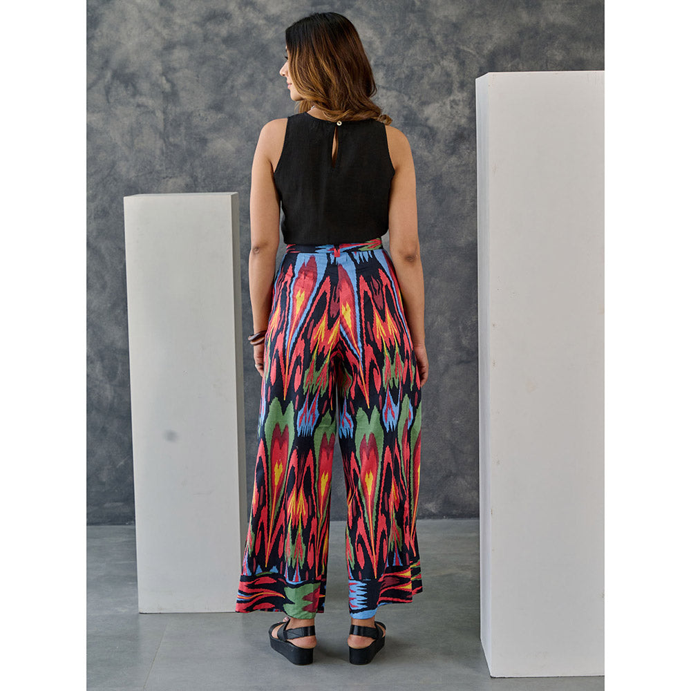 Gulaal Ikat Print Black Jacket Flared Pant with Tank Top (Set of 3)