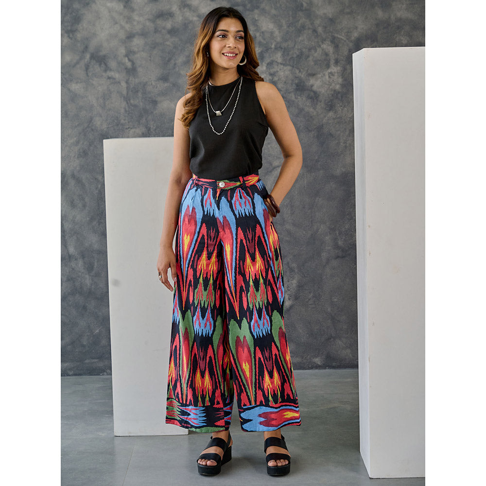Gulaal Ikat Print Black Jacket Flared Pant with Tank Top (Set of 3)