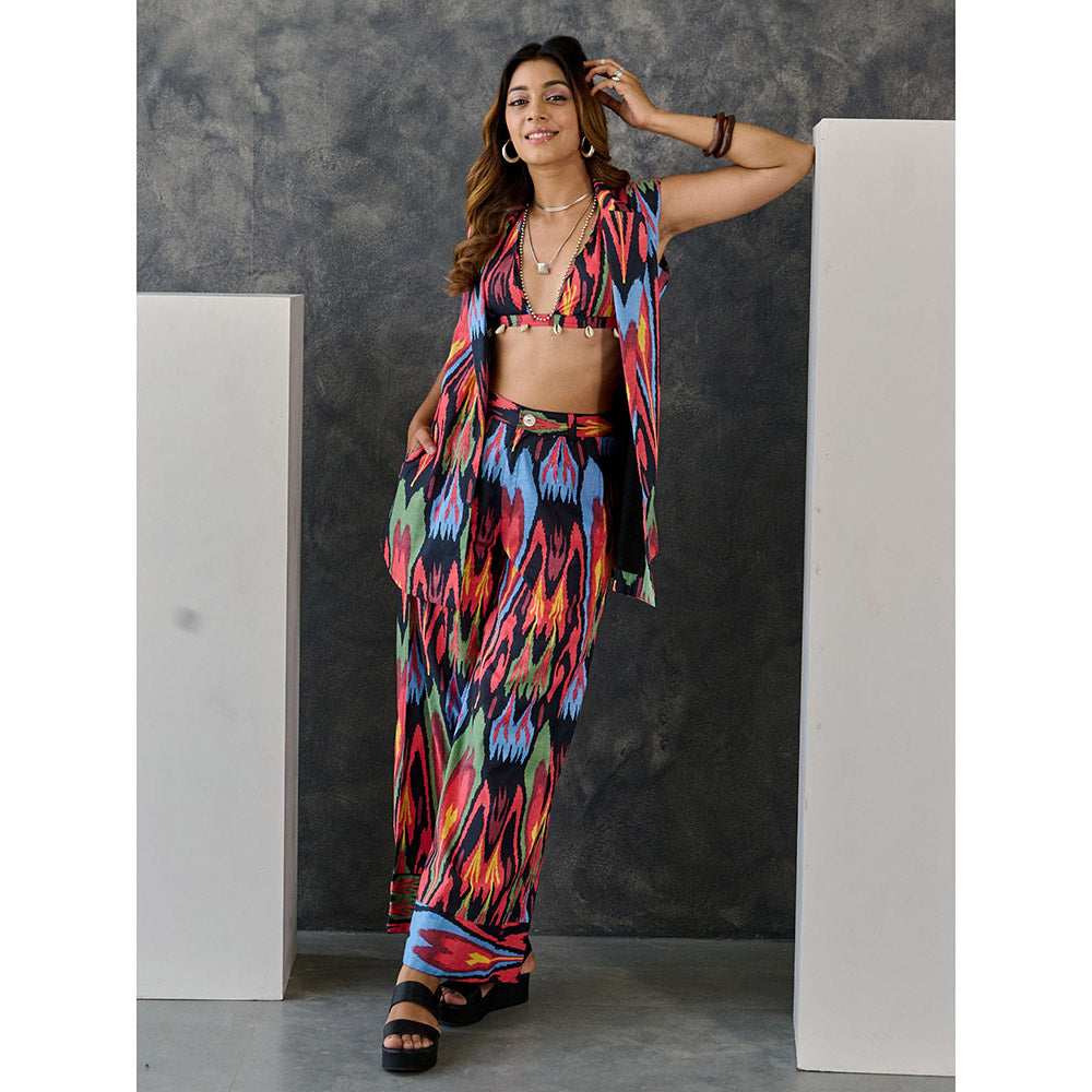 Gulaal Ikat Print Black Jacket Flared Pant (Set of 2)