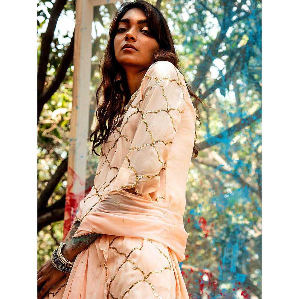 Gulaal Kasita Sequin Kurta with Sharara & Dupatta Peach (Set of 3)
