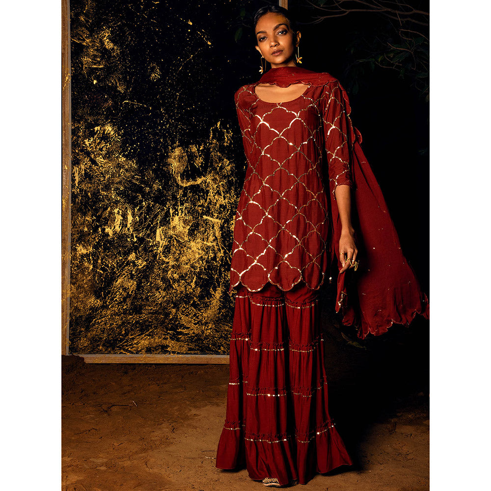 Gulaal Vilasini Sequin Kurta with Sharara & Dupatta Maroon (Set of 3)