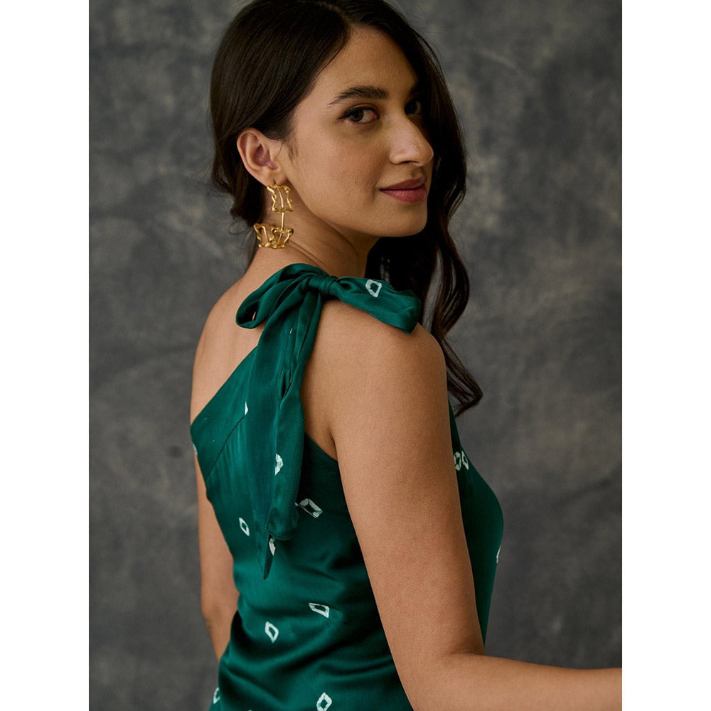 Gulaal Green Bandhani Modal Satin One- Shoulder Dress