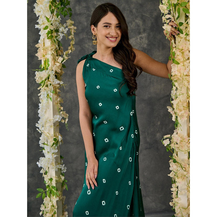 Gulaal Green Bandhani Modal Satin One- Shoulder Dress