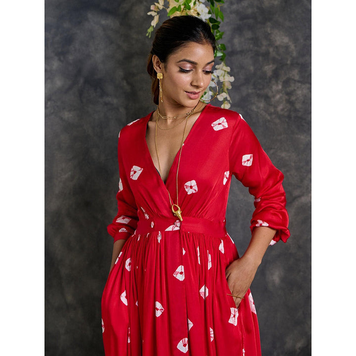 Gulaal Red Bandhani Modal Satin Maxi Dress