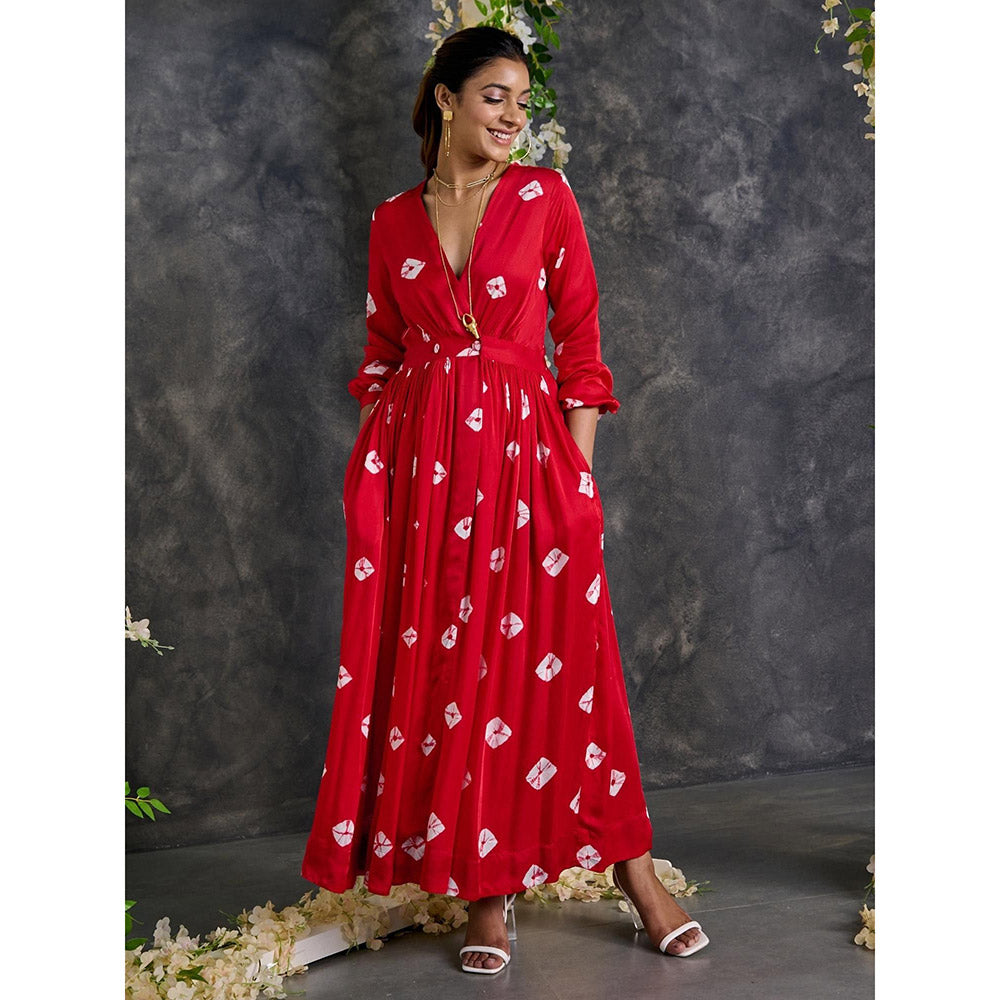 Gulaal Red Bandhani Modal Satin Maxi Dress