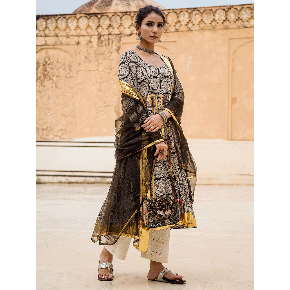 Gulabo Jaipur Inara Black Anarkali Kurta Set (Set Of 3)