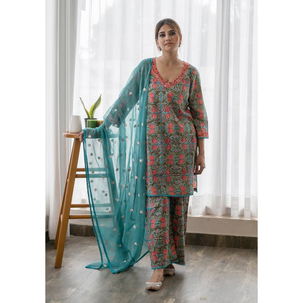 Gulabo Jaipur Lily Sky Straight Kurta with Pants & Dupatta (Set of 3)