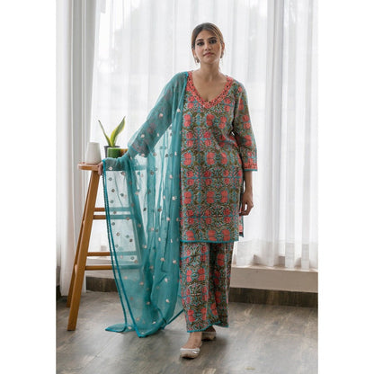 Gulabo Jaipur Lily Sky Straight Kurta with Pants & Dupatta (Set of 3)