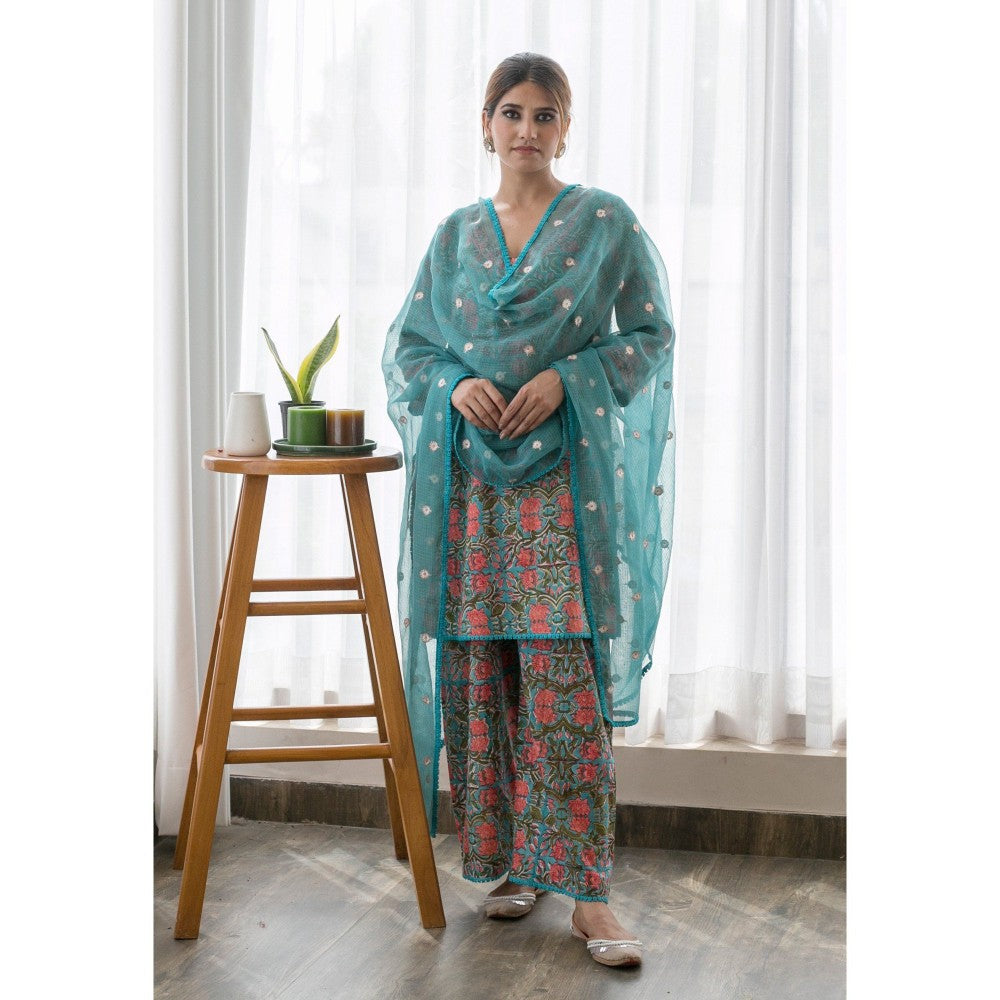 Gulabo Jaipur Lily Sky Straight Kurta with Pants & Dupatta (Set of 3)