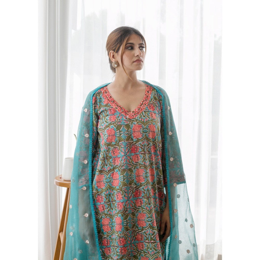 Gulabo Jaipur Lily Sky Straight Kurta with Pants & Dupatta (Set of 3)
