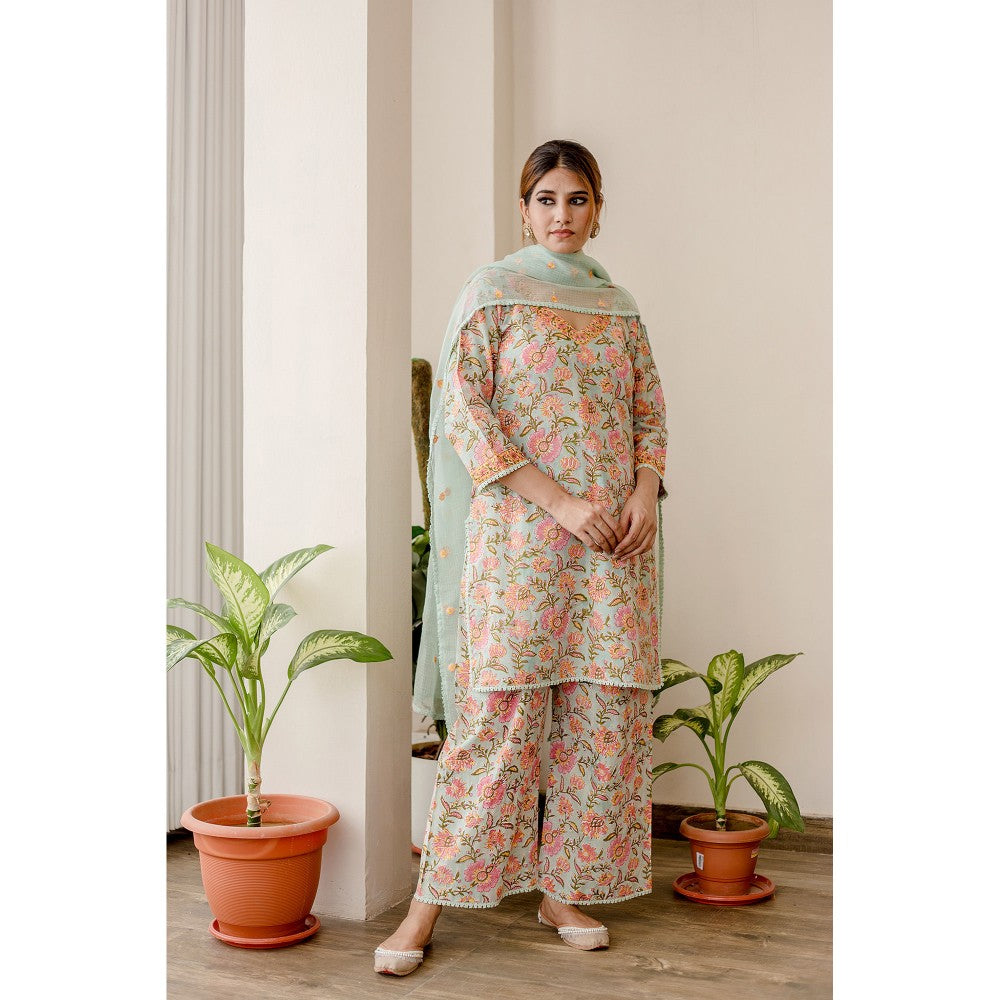 Gulabo Jaipur Lily Aqua Straight Kurta with Pants & Dupatta (Set of 3)