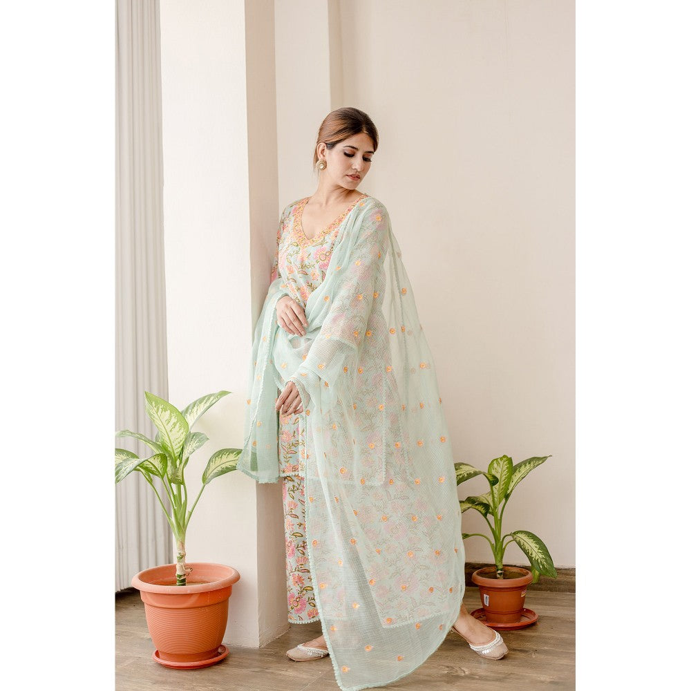 Gulabo Jaipur Lily Aqua Straight Kurta with Pants & Dupatta (Set of 3)