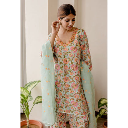 Gulabo Jaipur Lily Aqua Straight Kurta with Pants & Dupatta (Set of 3)