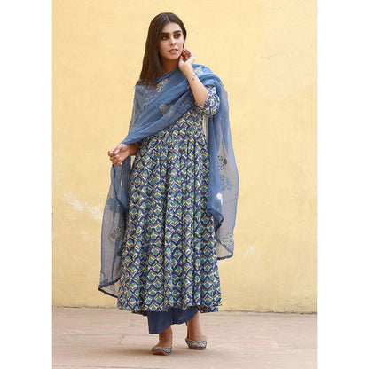 Gulabo Jaipur Sunflower Blue Anarkali Suit (Set of 3)