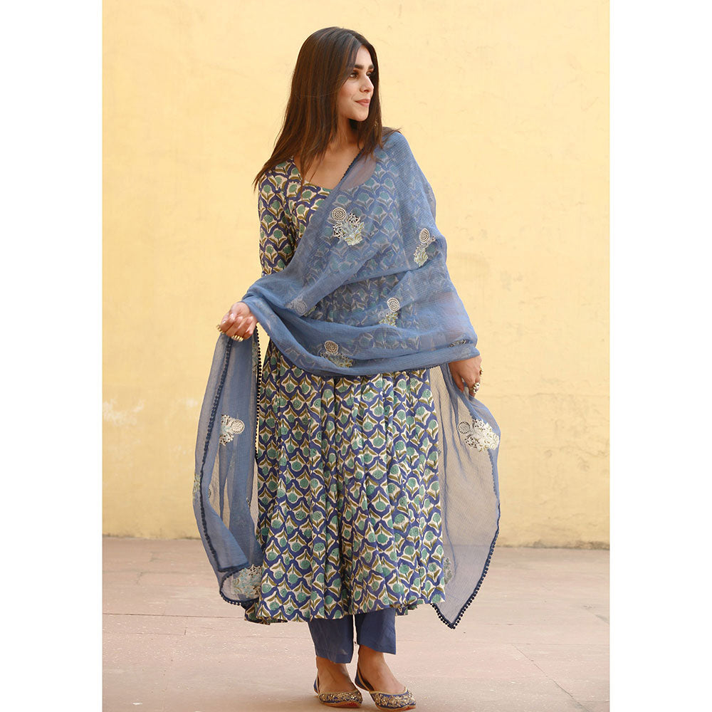 Gulabo Jaipur Sunflower Blue Anarkali Suit (Set of 3)