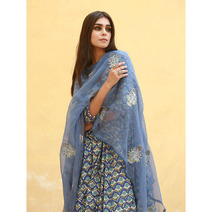 Gulabo Jaipur Sunflower Blue Anarkali Suit (Set of 3)