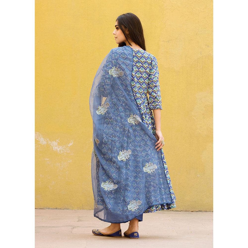 Gulabo Jaipur Sunflower Blue Anarkali Suit (Set of 3)
