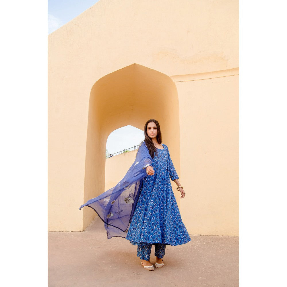 Gulabo Jaipur Sunflower Indigo Anarkali Suit (Set of 3)
