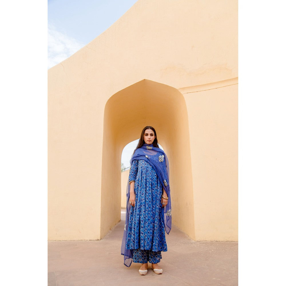 Gulabo Jaipur Sunflower Indigo Anarkali Suit (Set of 3)