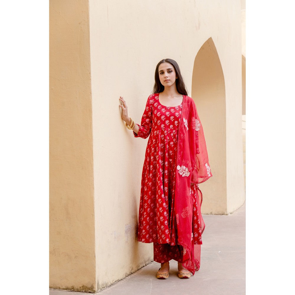 Gulabo Jaipur Sunflower Red Anarkali Suit (Set of 3)