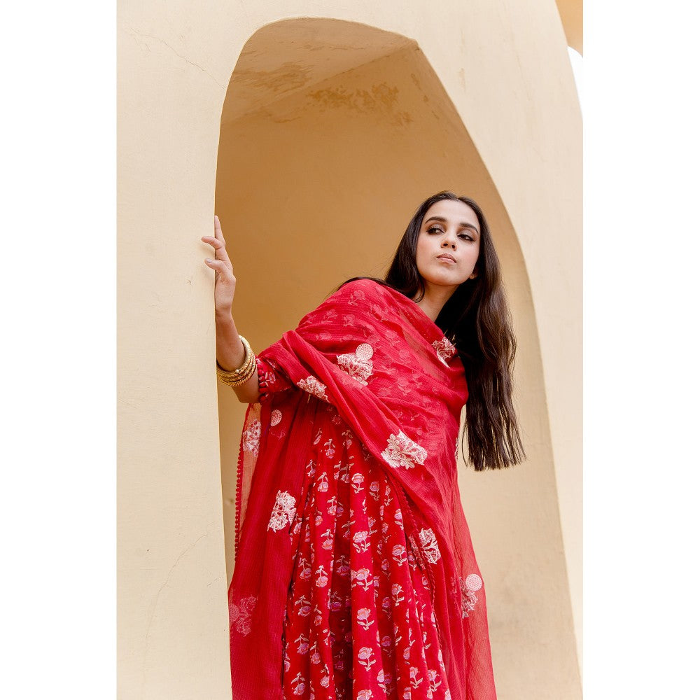 Gulabo Jaipur Sunflower Red Anarkali Suit (Set of 3)
