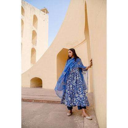 Gulabo Jaipur Sunflower Blue Anarkali Suit (Set of 3)