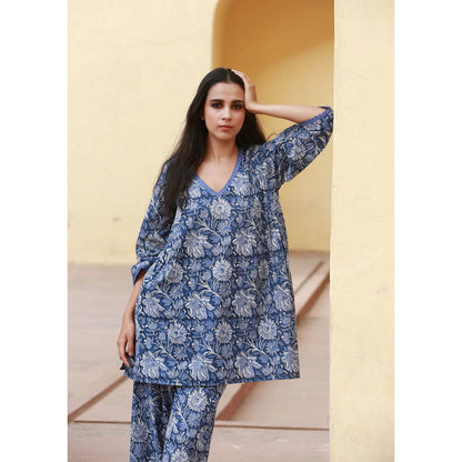 Gulabo Jaipur Dahlia Blue Straight Kurta (Set of 2)