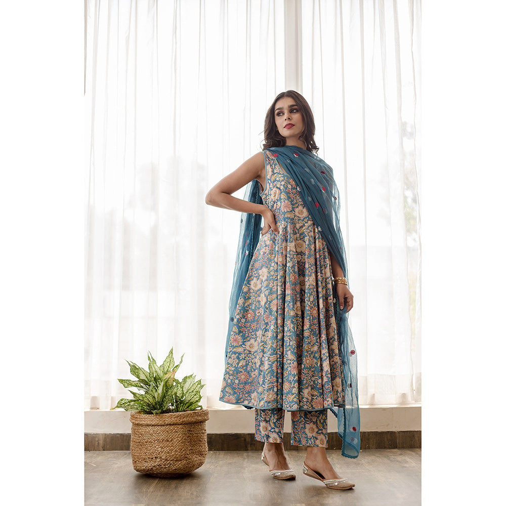 Gulabo Jaipur Kusha Blue Anarkali (Set of 3)