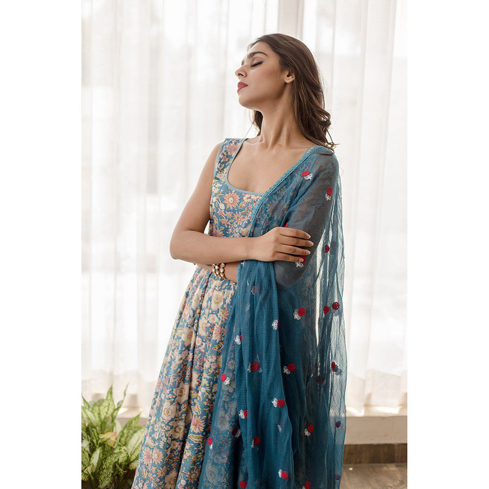 Gulabo Jaipur Kusha Blue Anarkali (Set of 3)