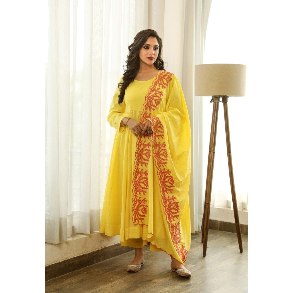 Gulabo Jaipur Mahnoor Yellow Anarkali (Set of 3)