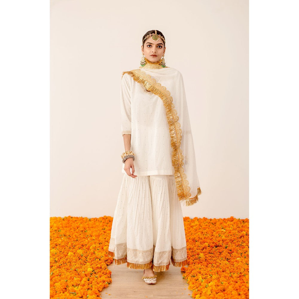 Gulabo Jaipur Kiran Off White Lace Kurta with Sharara and Dupatta (Set of 3)