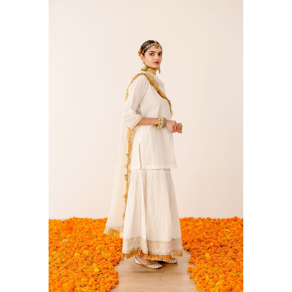 Gulabo Jaipur Kiran Off White Lace Kurta with Sharara and Dupatta (Set of 3)