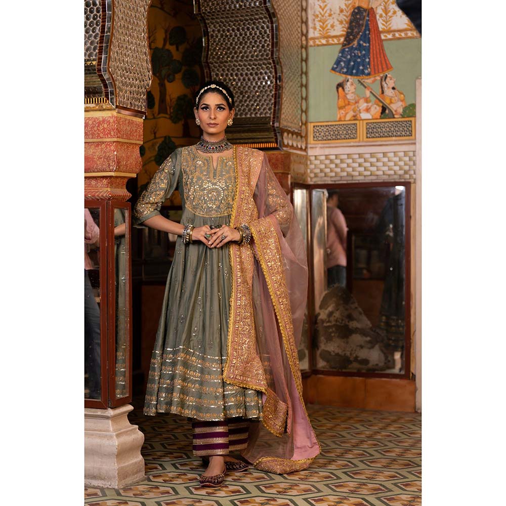 Gulabo Jaipur Nahal Grey Anarkali (Set of 3)