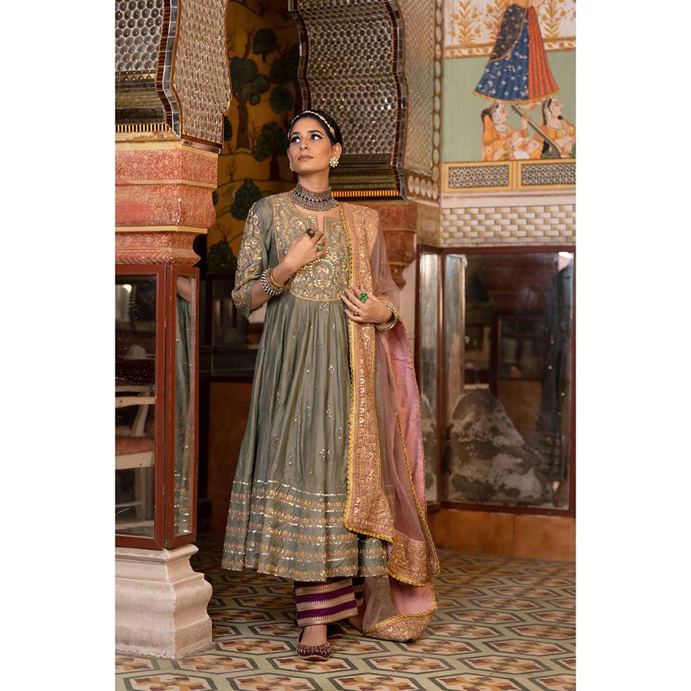 Gulabo Jaipur Nahal Grey Anarkali (Set of 3)